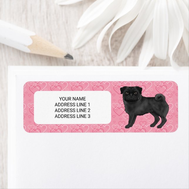 Black Pug Dog Cartoon Mops Love Heart Pattern Pink Label (Insitu)