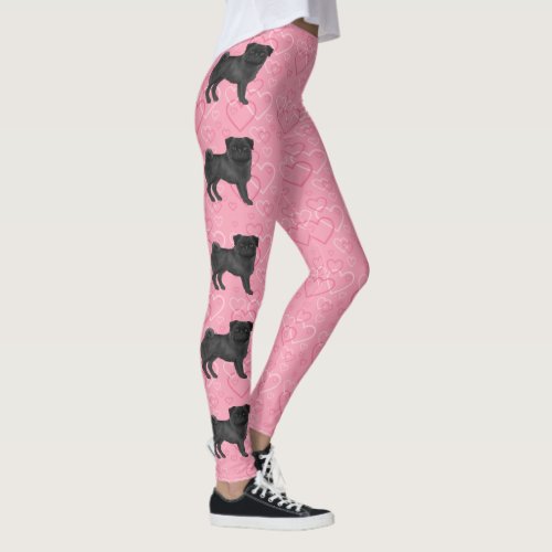 Black Pug Dog Cartoon Mops Love Heart Pattern Pink Leggings