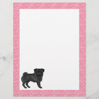 Black Pug Dog Cartoon Mops Love Heart Pattern Pink Letterhead