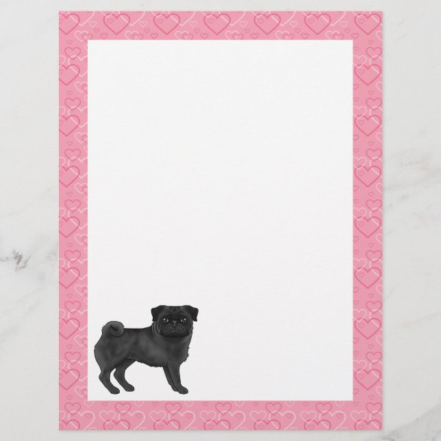 Black Pug Dog Cartoon Mops Love Heart Pattern Pink Letterhead (Front)