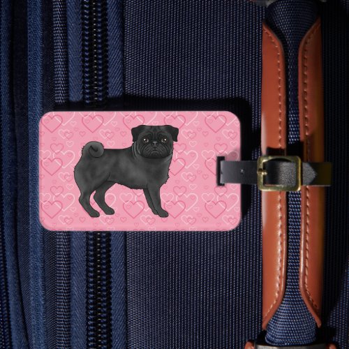 Black Pug Dog Cartoon Mops Love Heart Pattern Pink Luggage Tag