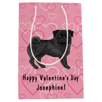 Black Pug Dog Cartoon Mops Love Heart Pattern Pink Medium Gift Bag