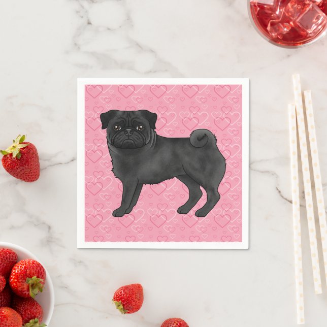 Black Pug Dog Cartoon Mops Love Heart Pattern Pink Napkins (Insitu)