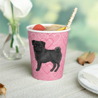 Black Pug Dog Cartoon Mops Love Heart Pattern Pink Paper Cups