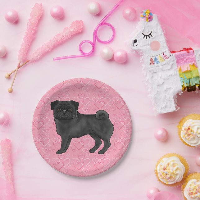 Black Pug Dog Cartoon Mops Love Heart Pattern Pink Paper Plates (Party)