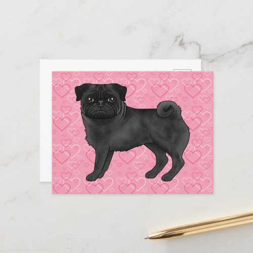 Black Pug Dog Cartoon Mops Love Heart Pattern Pink Postcard