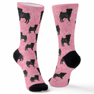 Black Pug Dog Cartoon Mops Love Heart Pattern Pink Socks