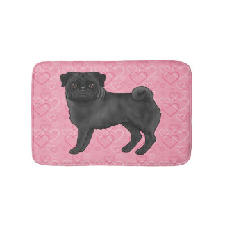 Black Pug Dog Cartoon Mops Pink Love Heart Pattern Bath Mat