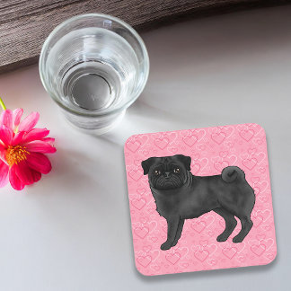 Black Pug Dog Cartoon Mops Pink Love Heart Pattern Beverage Coaster