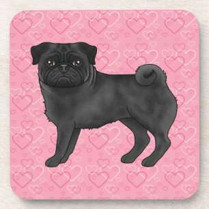 Black Pug Dog Cartoon Mops Pink Love Heart Pattern Beverage Coaster