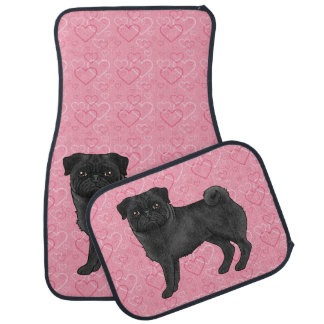 Black Pug Dog Cartoon Mops Pink Love Heart Pattern Car Floor Mat