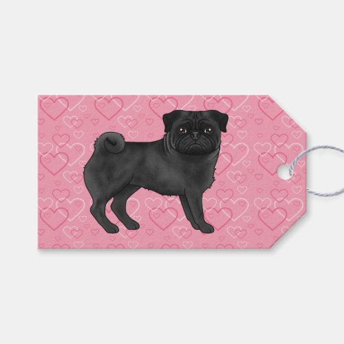 Black Pug Dog Cartoon Mops Pink Love Heart Pattern Gift Tags