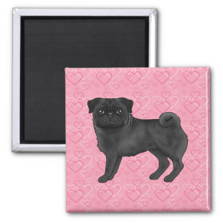 Black Pug Dog Cartoon Mops Pink Love Heart Pattern Magnet