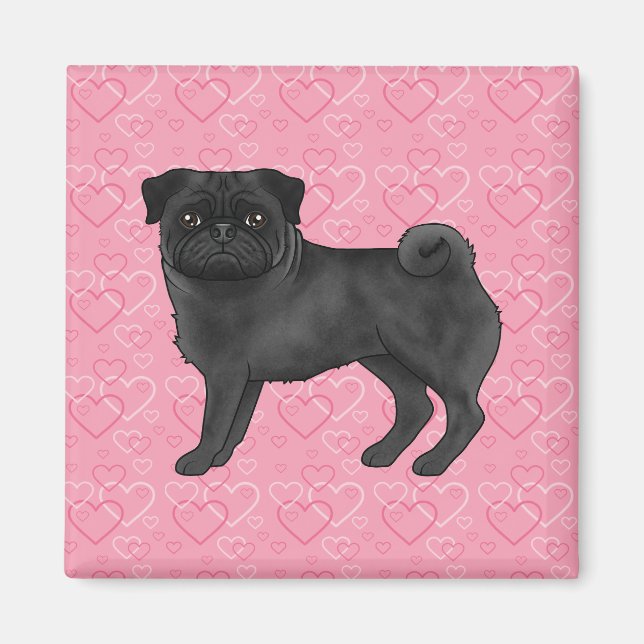 Black Pug Dog Cartoon Mops Pink Love Heart Pattern Magnet (Front)