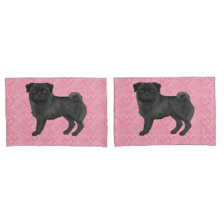 Black Pug Dog Cartoon Mops Pink Love Heart Pattern Pillow Case
