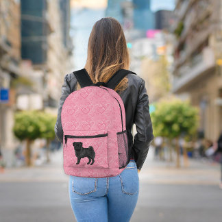 Black Pug Dog Cartoon Mops Pink Love Heart Pattern Printed Backpack