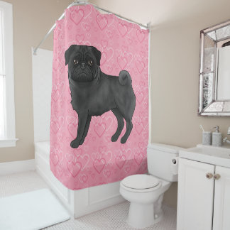 Black Pug Dog Cartoon Mops Pink Love Heart Pattern Shower Curtain