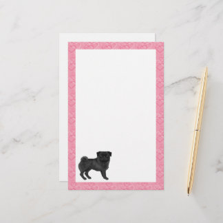 Black Pug Dog Cartoon Mops Pink Love Heart Pattern Stationery