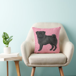 Black Pug Dog Cartoon Mops Pink Love Heart Pattern Throw Pillow