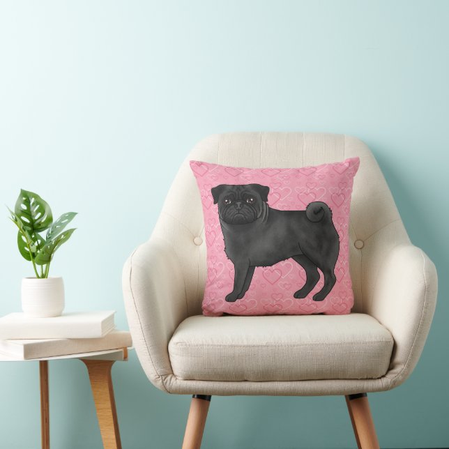 Black Pug Dog Cartoon Mops Pink Love Heart Pattern Throw Pillow (Chair)