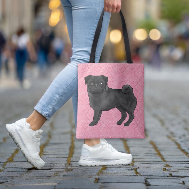 Black Pug Dog Cartoon Mops Pink Love Heart Pattern Tote Bag