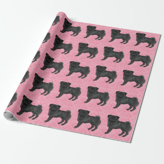 Black Pug Dog Cartoon Mops Pink Love Heart Pattern Wrapping Paper