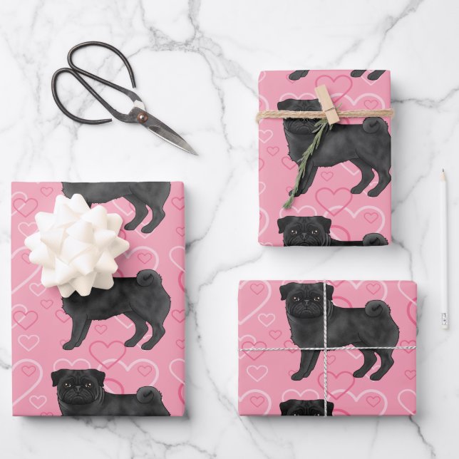 Black Pug Dog Cartoon Mops Pink Love Heart Pattern Wrapping Paper Sheets (Front)