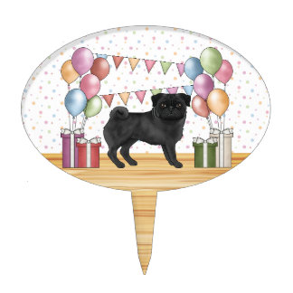 Black Pug Dog Colorful Pastel Birthday Balloons Cake Topper