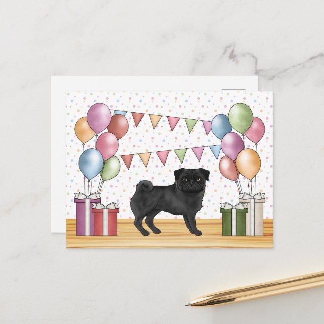 Black Pug Dog Colorful Pastel Birthday Balloons Postcard (Front/Back In Situ)