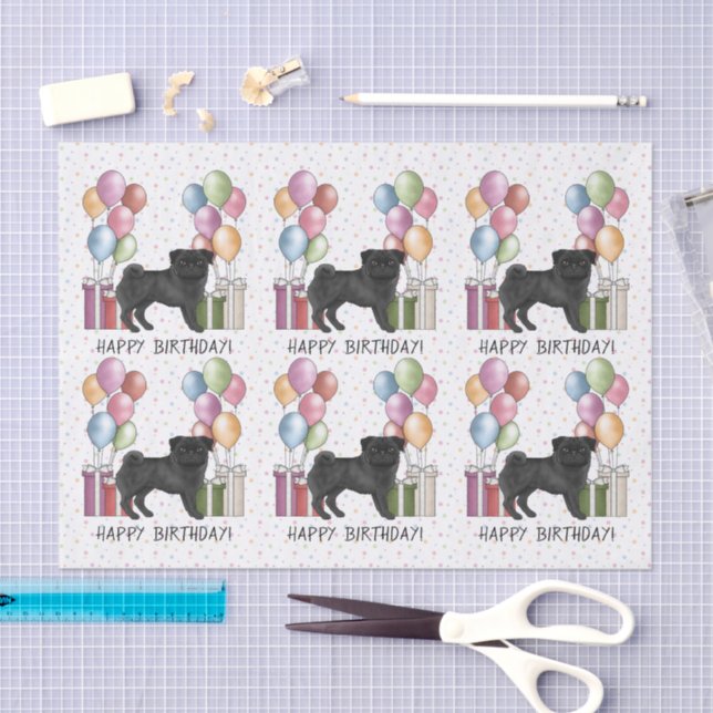 Black Pug Dog Colorful Pastel Happy Birthday Tissue Paper (Craft)