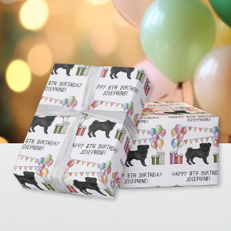 Black Pug Dog Colorful Pastel Happy Birthday Wrapping Paper