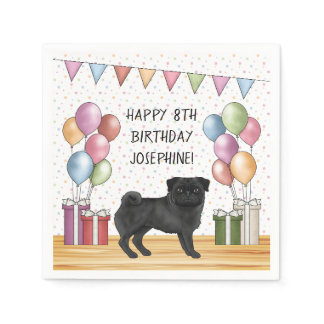 Black Pug Dog Colorful Pastels Happy Birthday Napkins