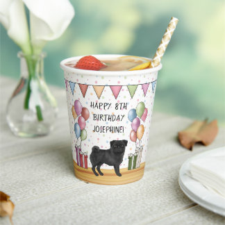 Black Pug Dog Colorful Pastels Happy Birthday Paper Cups