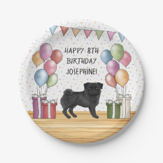 Black Pug Dog Colorful Pastels Happy Birthday Paper Plates