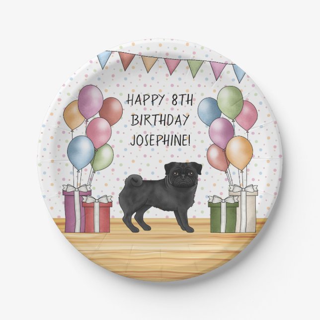 Black Pug Dog Colorful Pastels Happy Birthday Paper Plates (Front)