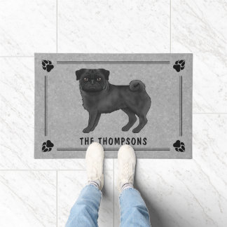 Black Pug Dog Cute Cartoon Design With Family Name Doormat
