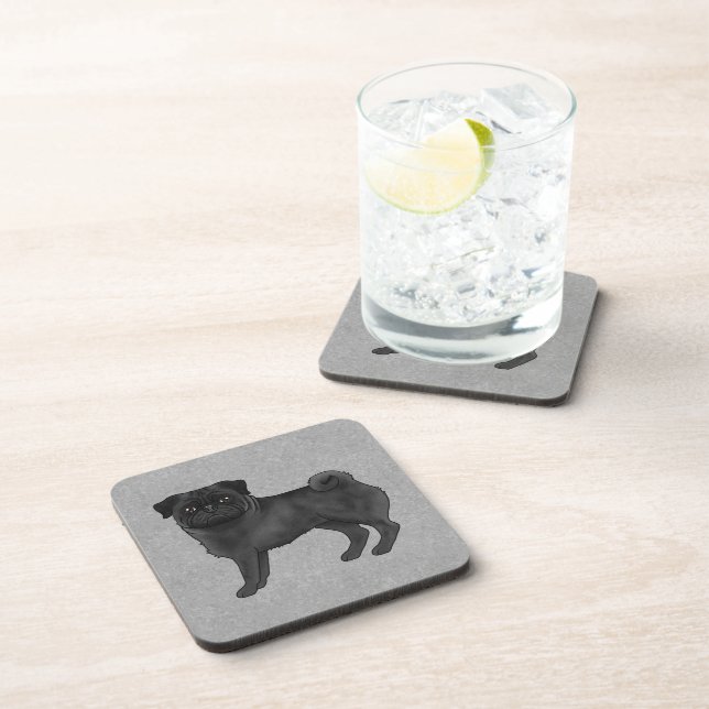 Black Pug Dog Cute Cartoon Dog Animal On Gray Beverage Coaster (Right Side)