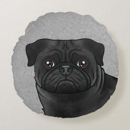 Black Pug Dog Cute Cartoon Dog Head Close_Up Gray Round Pillow