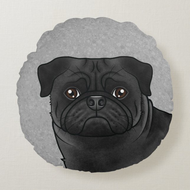 Black Pug Dog Cute Cartoon Dog Head Close-Up Gray Round Pillow (Front)