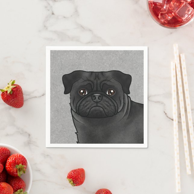 Black Pug Dog Cute Cartoon Dog Head Illustration Napkins (Insitu)
