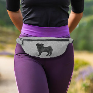 Black Pug Dog Cute Cartoon Dog Illustration Gray Fanny Pack