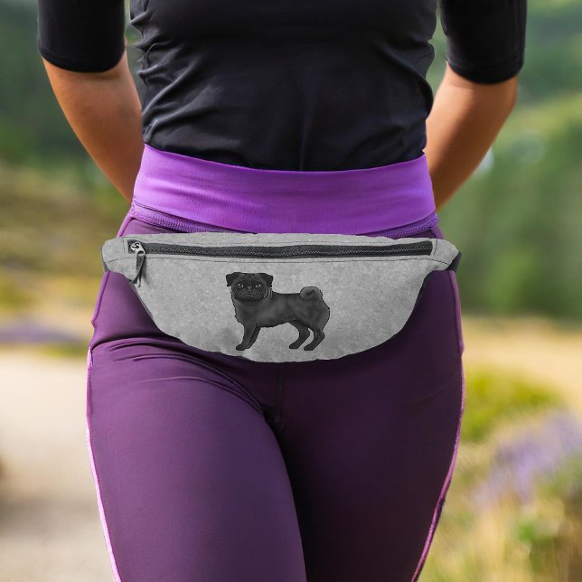 Black Pug Dog Cute Cartoon Dog Illustration Gray Fanny Pack (Please note: This image is a digital mockup. The product may not be in scale.)
