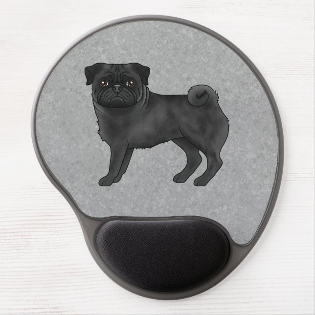 Black Pug Dog Cute Cartoon Dog Illustration Gray Gel Mouse Pad (Front)