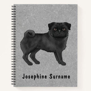 Black Pug Dog Cute Cartoon Dog Illustration Gray Notebook