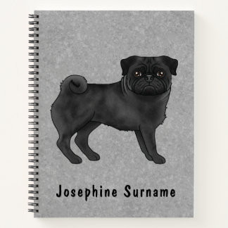 Black Pug Dog Cute Cartoon Dog Illustration Gray Notebook