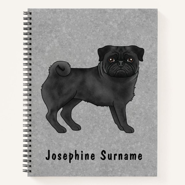 Black Pug Dog Cute Cartoon Dog Illustration Gray Notebook (Front)