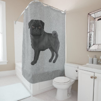 Black Pug Dog Cute Cartoon Dog Illustration Gray Shower Curtain