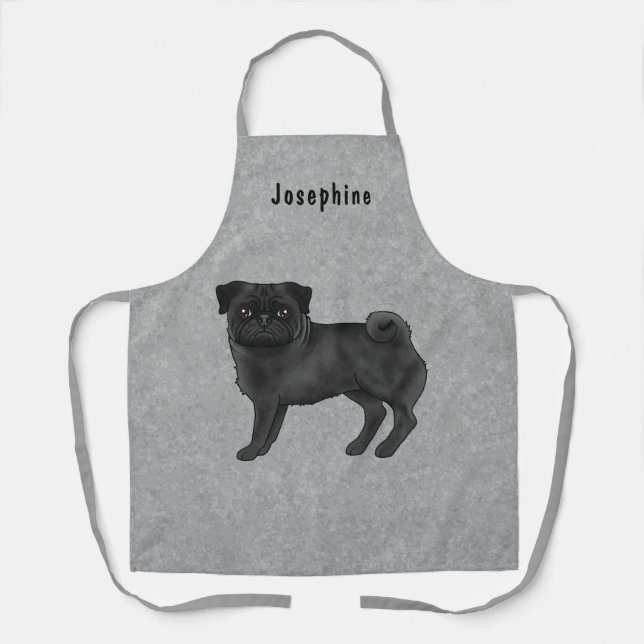 Black Pug Dog Cute Cartoon Dog With Name Gray Apron (Front)