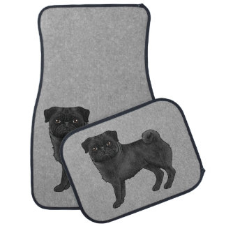 Black Pug Dog Cute Cartoon Illustration Gray Car Floor Mat