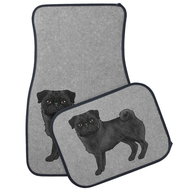 Black Pug Dog Cute Cartoon Illustration Gray Car Floor Mat (Set)